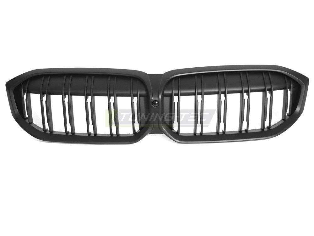 Nærbilde av dobbel ribbe-grill i matt svart finish for BMW 3-serie G21 LCI