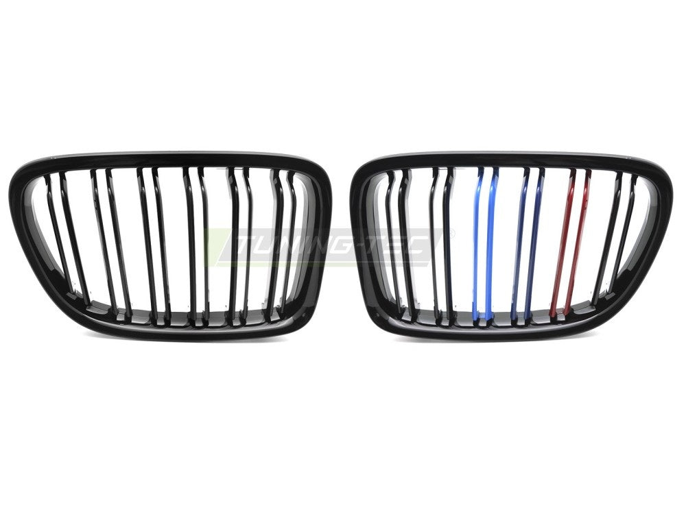Nærbilde av tri-color detalj på glossy svart grill til BMW X1 E84