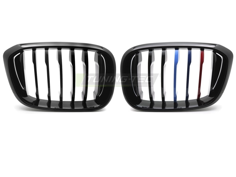 BMW X4 G02 nyregrille i svart med M-style trefargede striper nærbilde