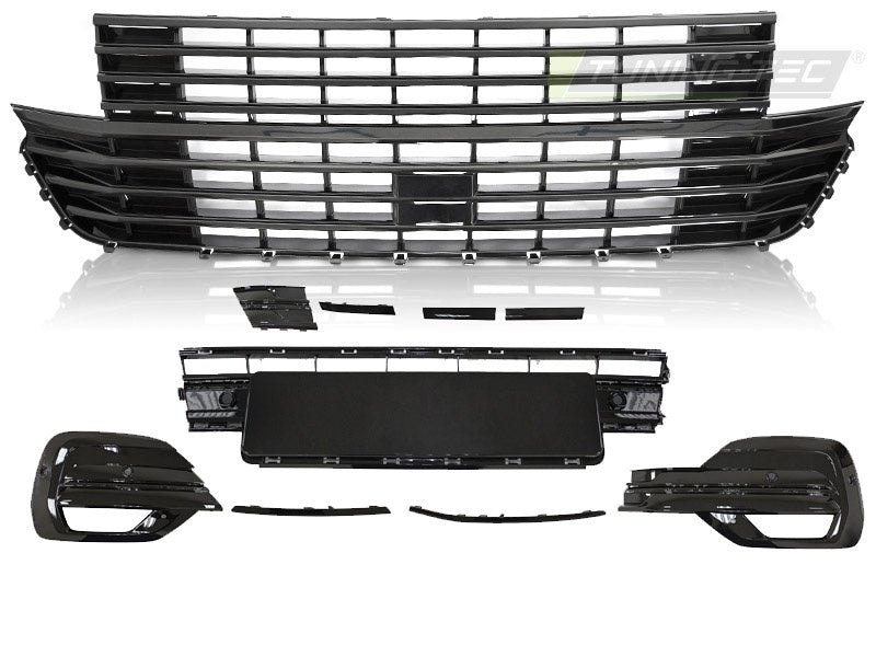 Blank svart frontgrill VW T6.1 facelift med integrert støtfangerelement nærbilde