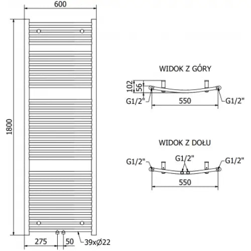 Håndkletørker Ares 1800 x 600 Mm 900 w Sort
