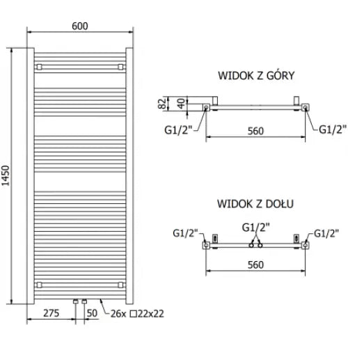 Håndkletørker Pluton 1450 x 600 Mm 900 w Sort