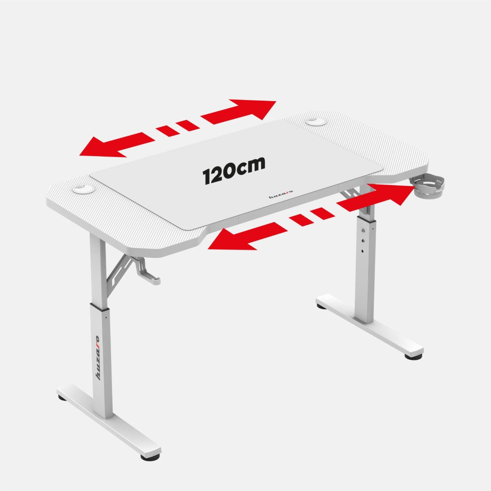 Huzaro Hero 2.6 hvit gamingbord med gaming-oppsett på bordplaten