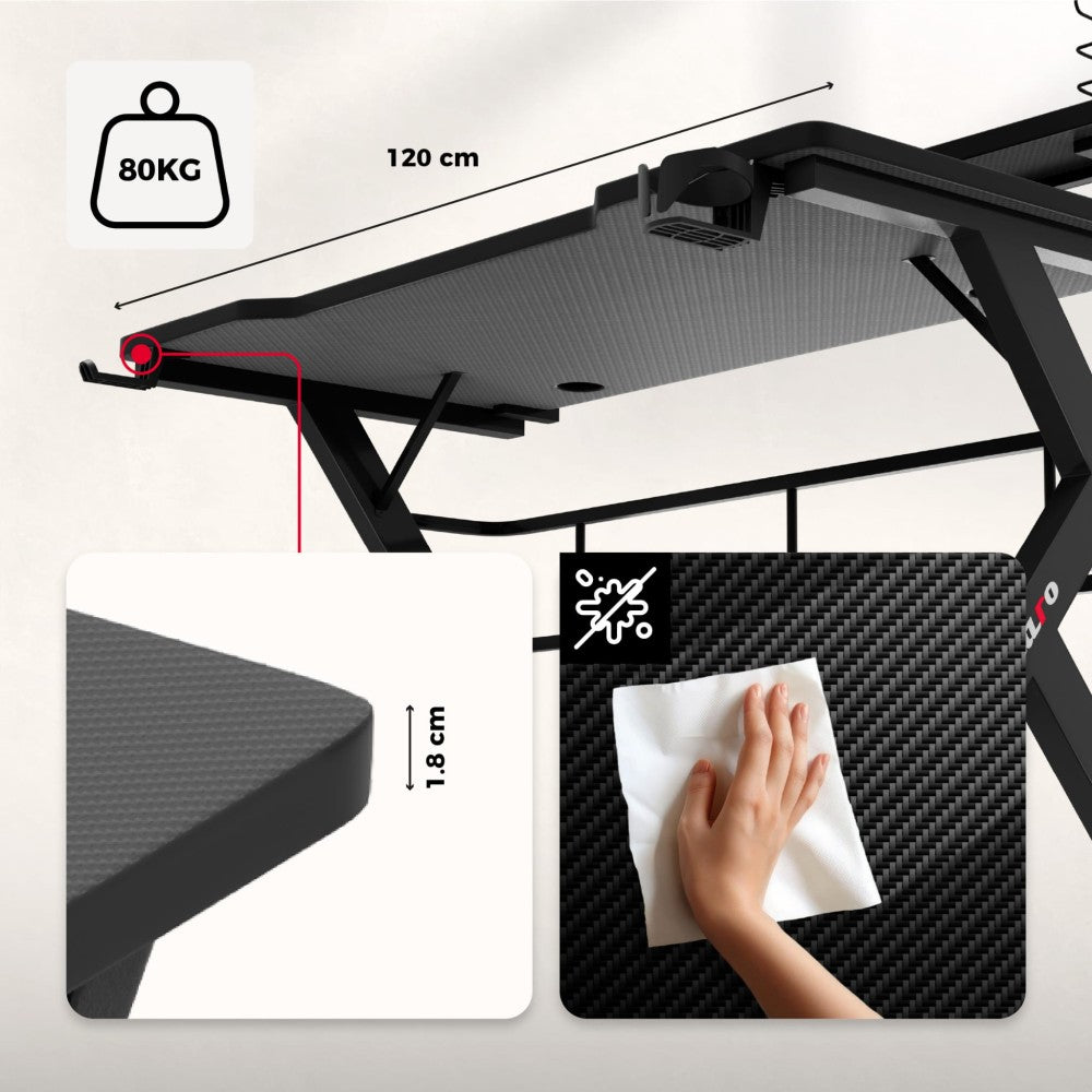 Gamingbord Huzaro Hero 5.0 svart – headset-holder og cup holder montert
