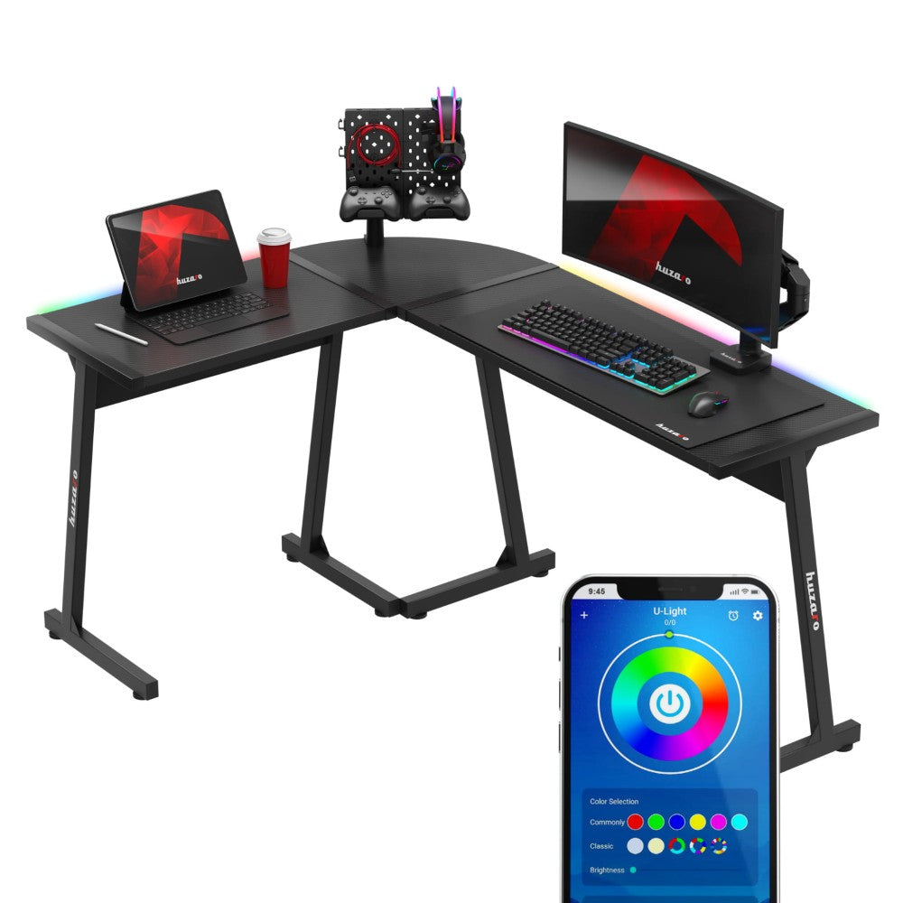 Huzaro Hero 6.0 svart RGB hjørnegamingbord 147 cm sett ovenfra med belysning på
