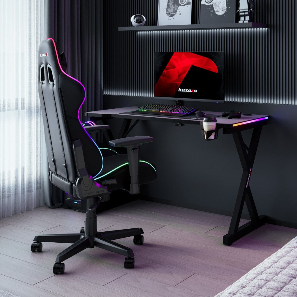 Huzaro Hero 2.3 RGB gamingbord – sidevisning med metallben og svart bordplate