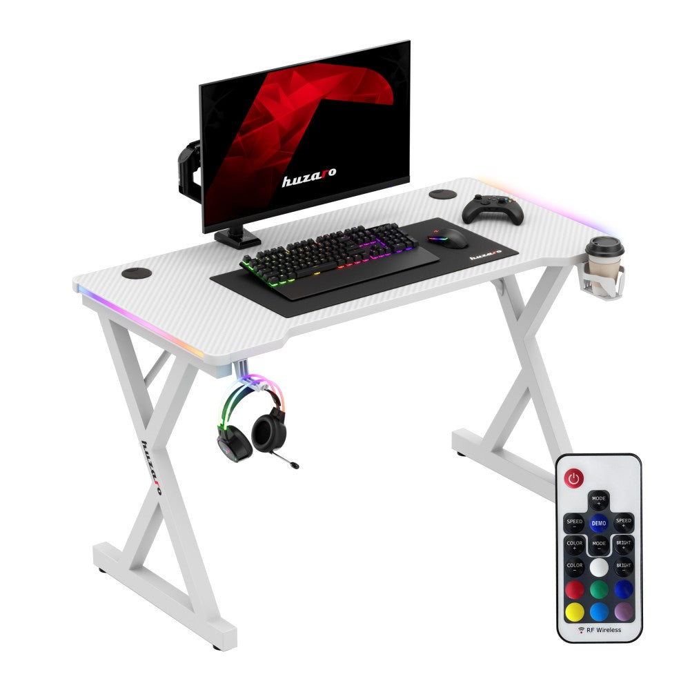 Huzaro Hero 2.3 hvit gamingbord med RGB-belysning, sett forfra, 120 cm bred bordplate