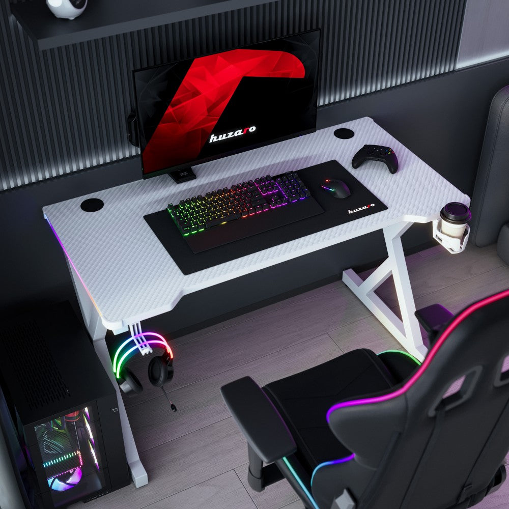 Huzaro Hero 2.3 hvit gamingbord sett fra siden – ben og ramme detalj