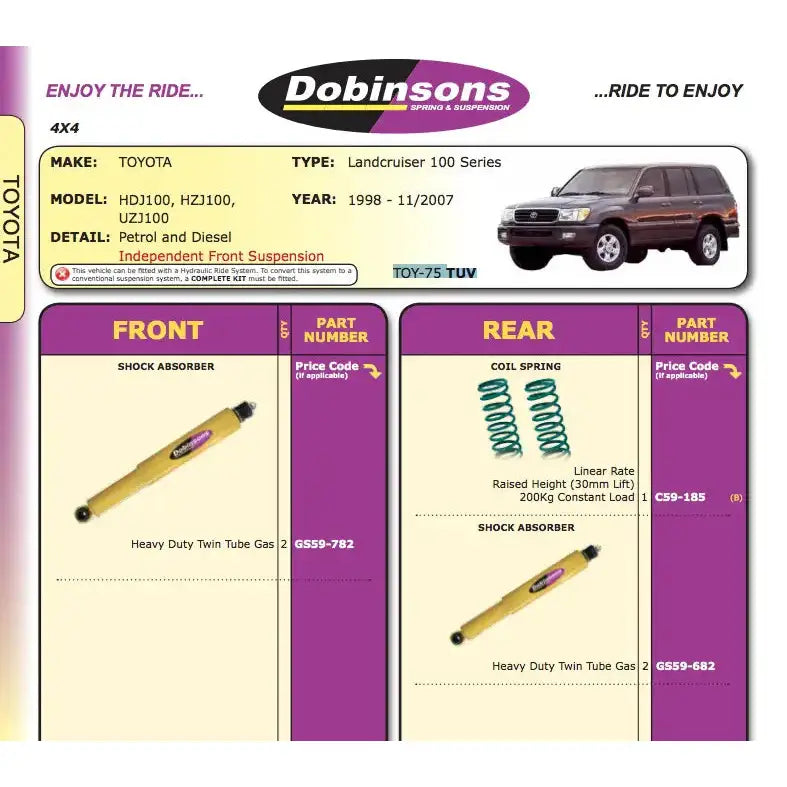 Hevesett 30mm Dobinsons - Toyota Land Cruiser J100 97-07 - 2