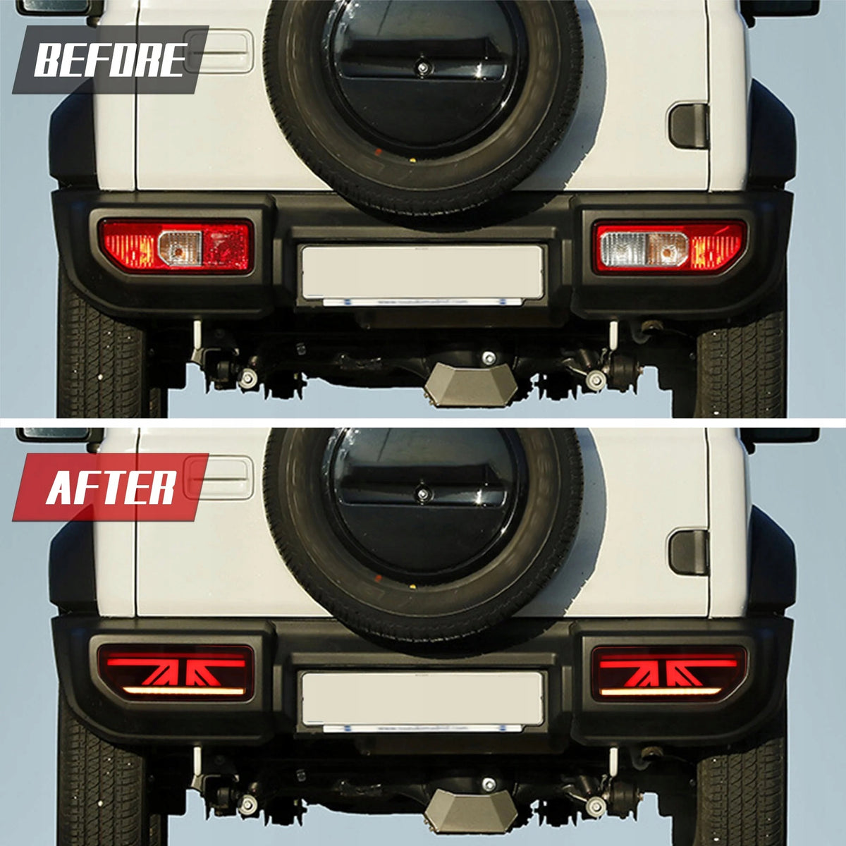 Hvit Jimny før og etter montering av full LED baklykter.