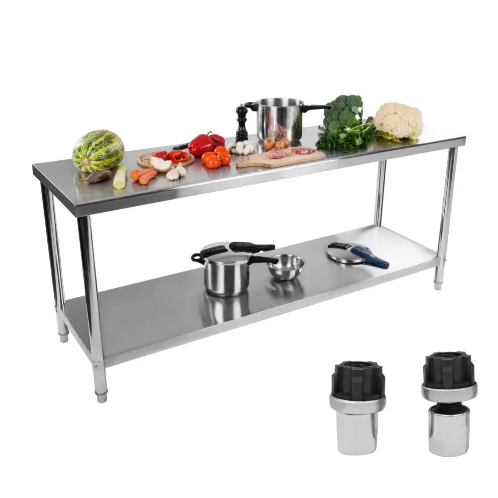 Kjøkkenbord Med Rustfritt Stål Benkeplate Og Bunnhylle 200x60cm - 1