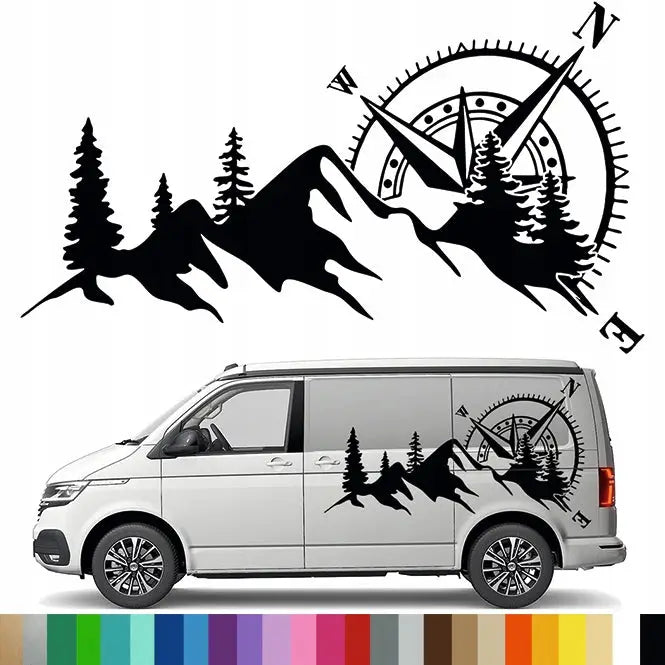 Klistremerke Dekor For Bobil Tilhenger Skog Vindrose Kompass Fjell 90x159 - 1