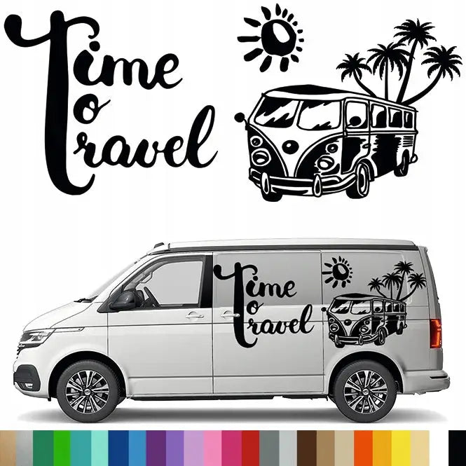 Klistremerke Grafikk Til Bobil Campingvogn ’time To Travel’ Palmer Sol Reise 90x208 - 1