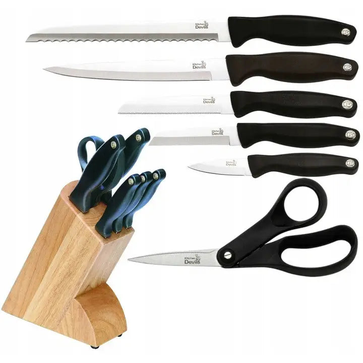 Komplett Sett Med 5 Kniver i Knivblokk Kitchen Devils + Saks - 1