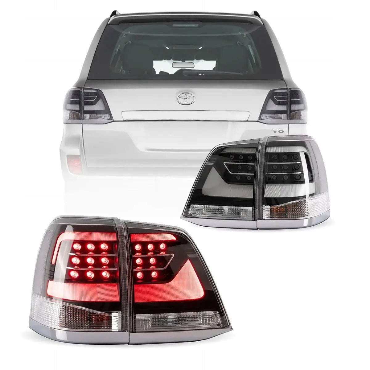 Baklykter Toyota Land Cruiser J200 i black chrome, firedelt sett ved hvit SUV.