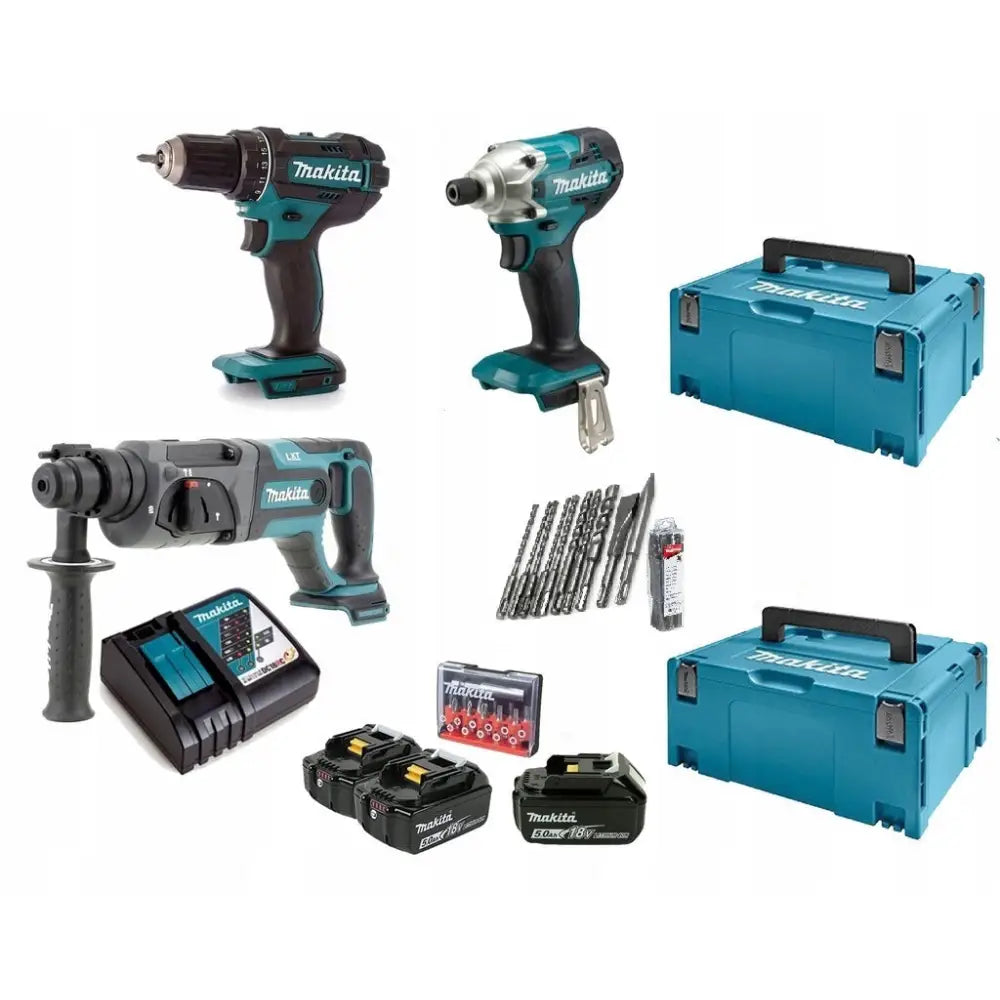 Makita Combo Sett 3 Verktøy Hammer Drill Skrutrekker 18v Batterier 3*5ah