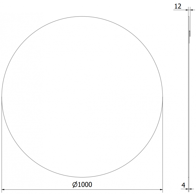 Baderomsspeil rund Mexen Alto 100 x 100 cm, teknisk tegning med mål og tykkelse.