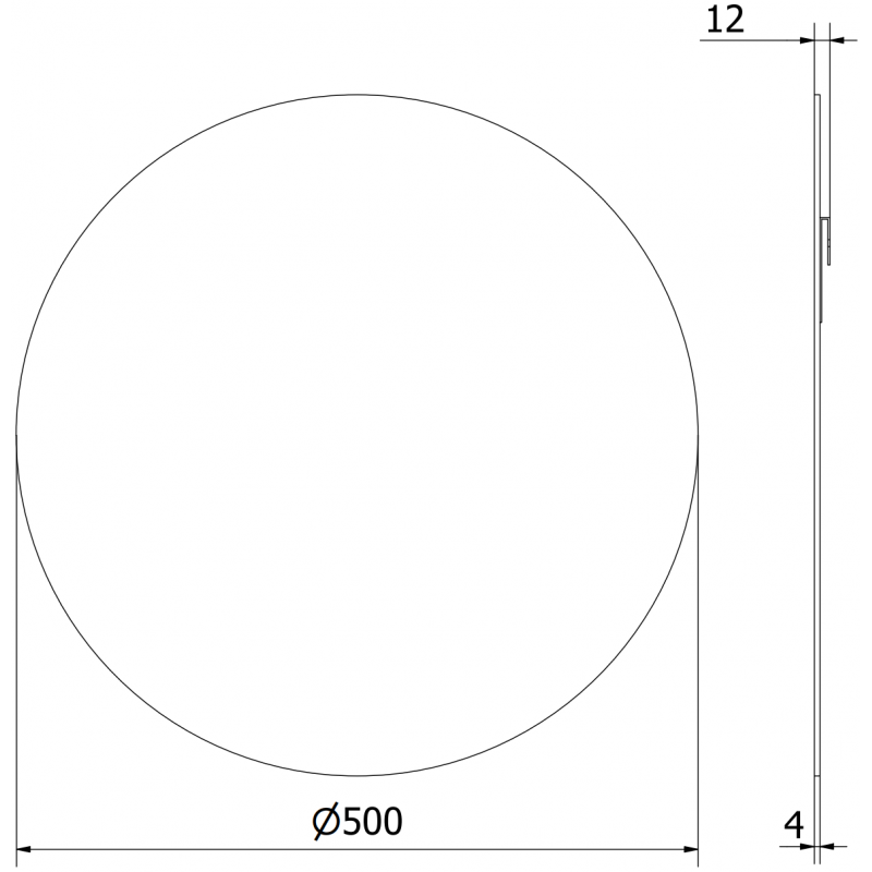 Baderomsspeil rund Mexen Alto teknisk strekillustrasjon med mål 500 mm diameter og 4 mm tykkelse.