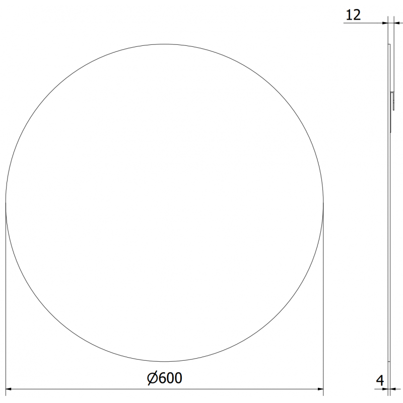 Baderomsspeil rund Mexen Alto teknisk tegning med mål, visning forfra og fra siden, diameter 60 cm.