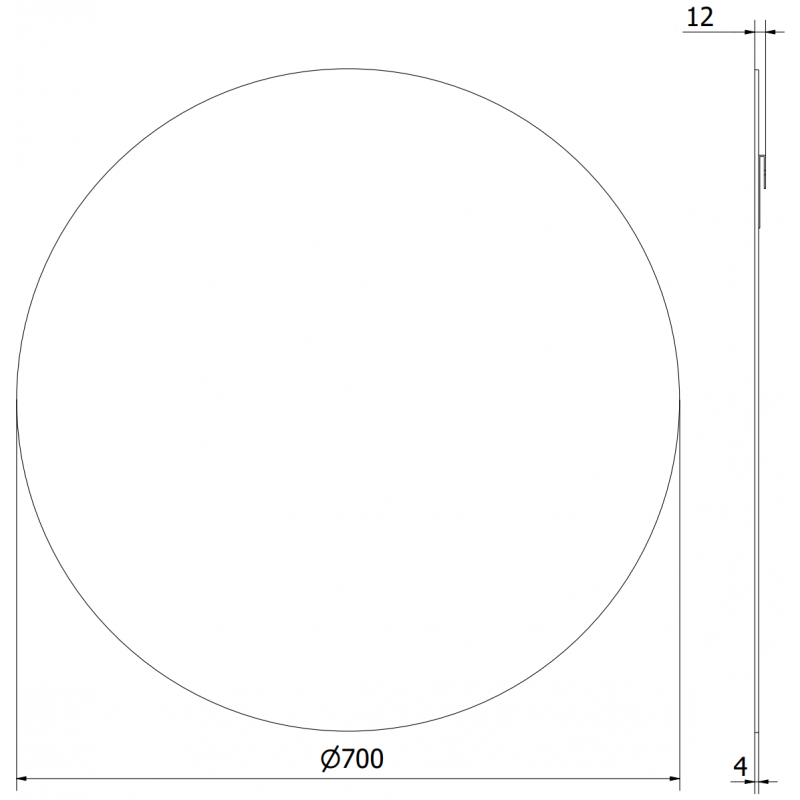 Baderomsspeil rund Mexen Alto 70 x 70 cm, teknisk tegning med mål og tykkelse på 4 mm.