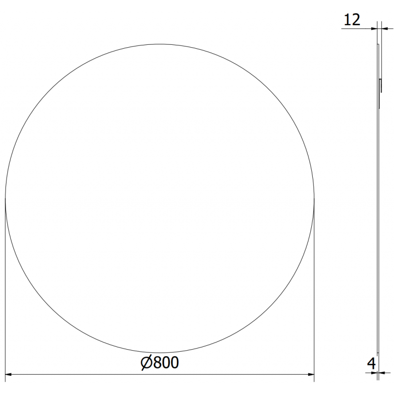 Baderomsspeil rund Mexen Alto 80 x 80 cm teknisk tegning med mål og detaljer på tykkelse og kant.