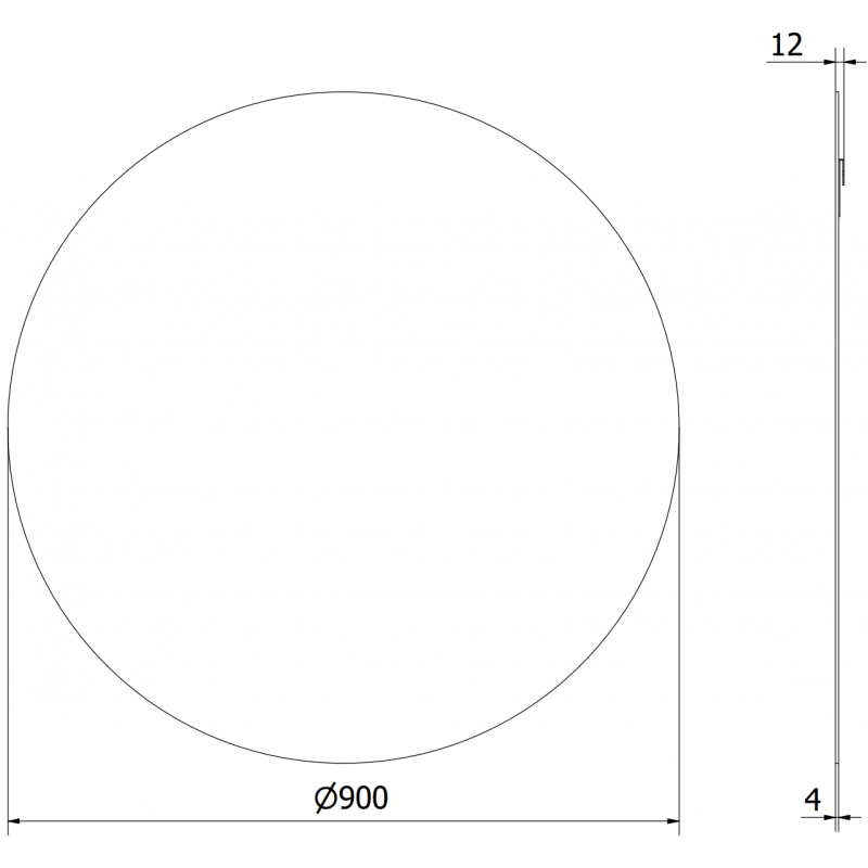 Baderomsspeil Mexen Alto rund 90 x 90 cm med teknisk tegning, målmarkeringer og sideprofil.