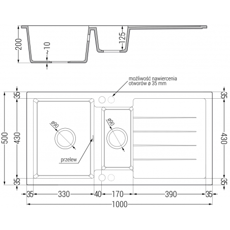 Andres Kjøkkenvask 1 1/2 Kum Med Avrenning 1000 x 500 mm, Beige, Vannlås Svart - 6515101510-69-B