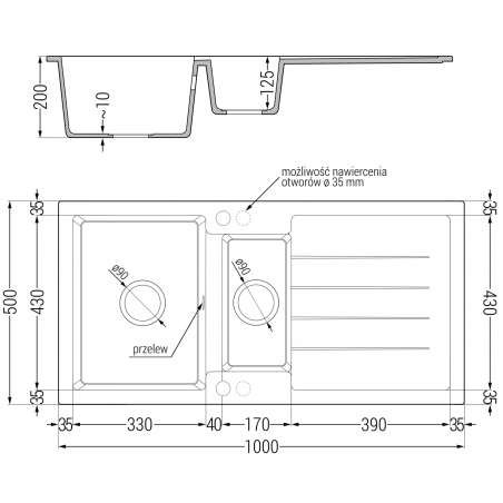 Andres Kjøkkenvask 1 1/2 Kum Med Avrenning 1000 x 500 mm, Hvit, Vannlås Svart - 6515101510-20-B