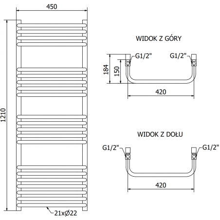 Håndkletørker Apollo 1210 x 450 mm, 600 W, Sort