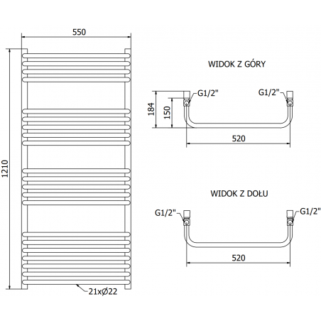 Håndkletørker Apollo 1210 x 550 mm, 600 W, Sort