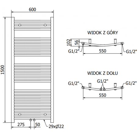 Håndkletørker Ares 1500 x 600 mm, 600 W, Krom