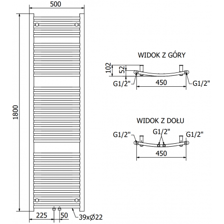 Håndkletørker Ares 1800 x 500 mm, 900 W, Hvit, Premium