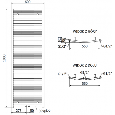 Håndkletørker Ares 1800 x 600 mm, 1200 W, Hvit