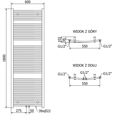 Håndkletørker Ares 1800 x 600 mm, 900 W, Antrasitt