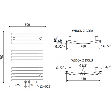 Håndkletørker Ares 700 x 500 mm, 300 W, Antrasitt