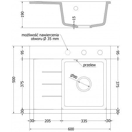 Ben Kjøkkenvask 1 Kum Med Avrenning Høyre 600 x 500 mm, Beige, Vannlås Gull - 6523605000-69-G