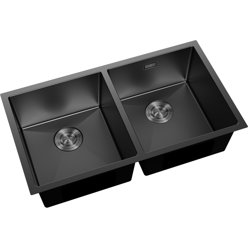 Kjøkkenvask Rustfritt Stål dobbel svart Mexen Binox 800x450 mm sett skrått ovenfra med bunnrister.