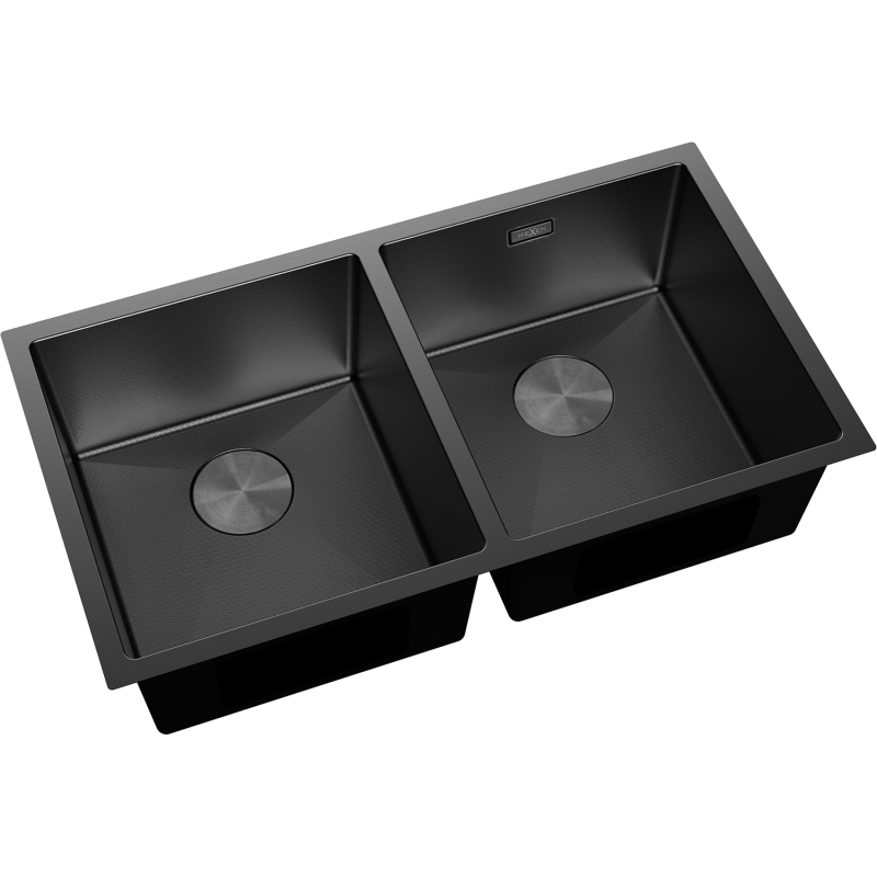 Stål Kjøkkenvask Mexen Binox dobbel matt svart vask med avrundede hjørner og store sirkulære sluker.