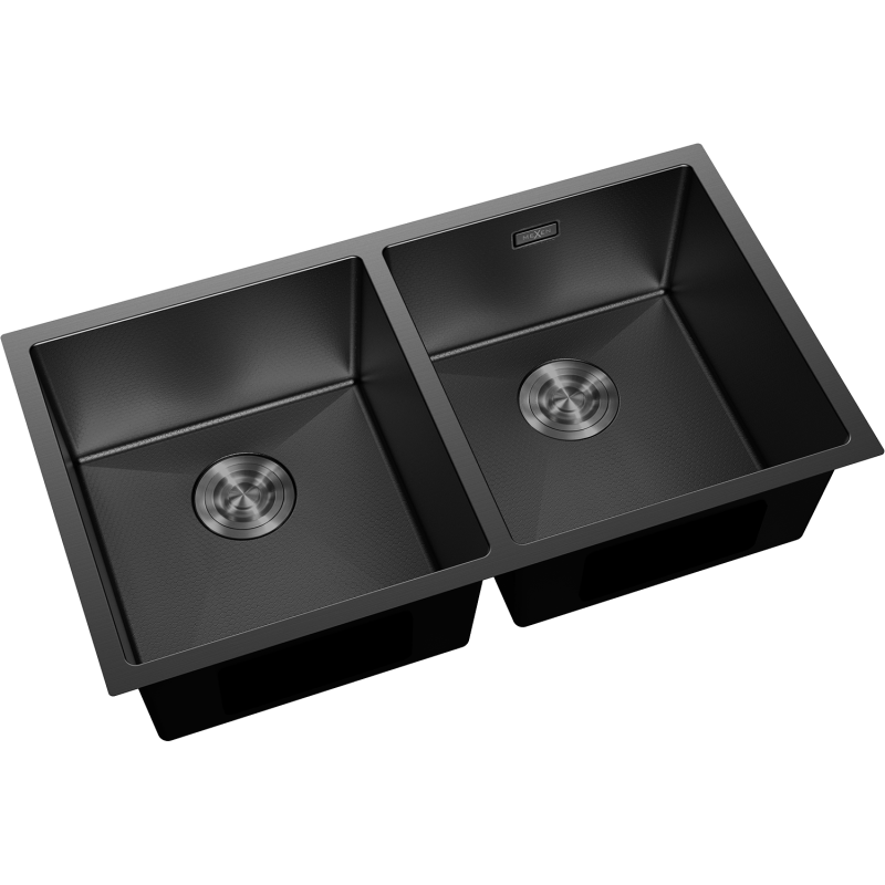 Kjøkkenvask Rustfritt Stål dobbelt svart Mexen Binox sett skrått ovenfra med runde sluk.