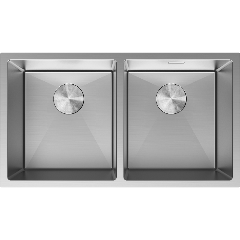 Kjøkkenvask i stål Mexen Binox 800 x 450 mm med to firkantede kummer og senterplasserte sluk.