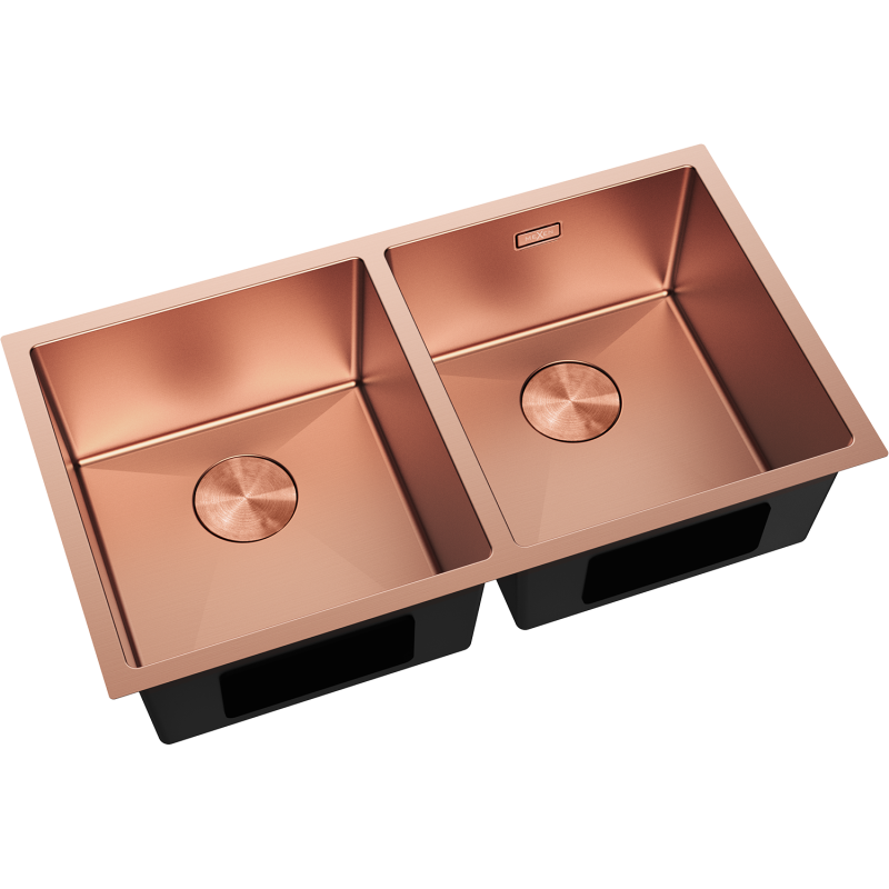 Stål Kjøkkenvask Mexen Binox dobbel, børstet kobber, sett ovenfra med firkantet design og avrundede hjørner.