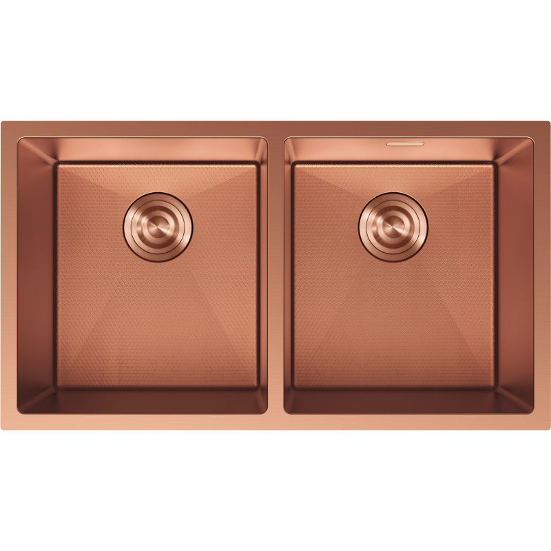 Stålvask Mexen Binox dobbel kjøkkenvask i kobber, sett ovenfra med bunnrister og avrundede hjørner.