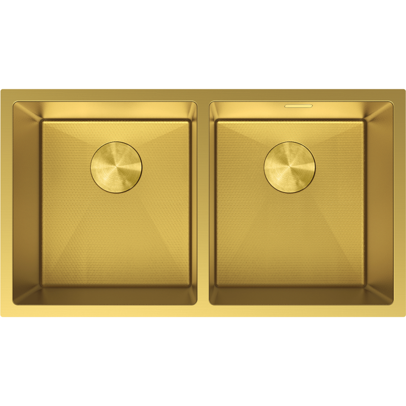 Kjøkkenvask i stål gullfarget Mexen Binox med to kummer og runde bunnplugger, sett ovenfra.