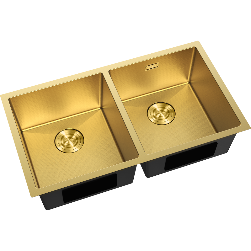 Kjøkkenvask Rustfritt Stål dobbeltkum Mexen Binox i børstet gull, sett skrått ovenfra med avrundede hjørner.