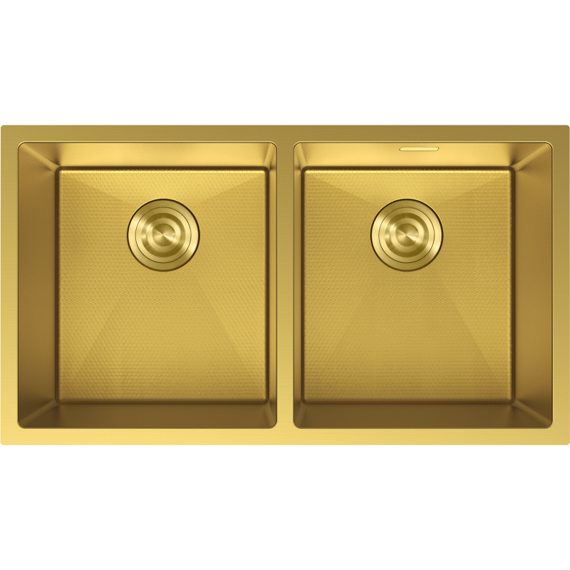 Stålvask Mexen Binox dobbel oppvaskkum i gull med teksturert overflate, sett ovenfra.