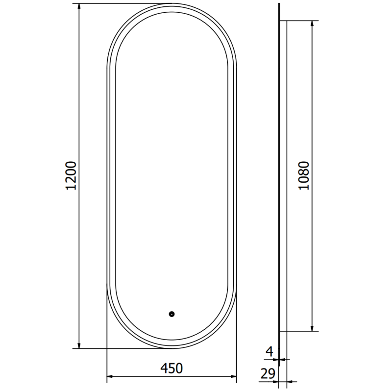 Speil med lys teknisk tegning av rektangulært LED-speil 45x120 cm med mål og buet design.
