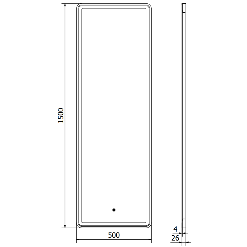 Speil med lys teknisk strektegning av Mexen Coro 50 x 150 cm, mål og tykkelser vist forfra og fra siden.