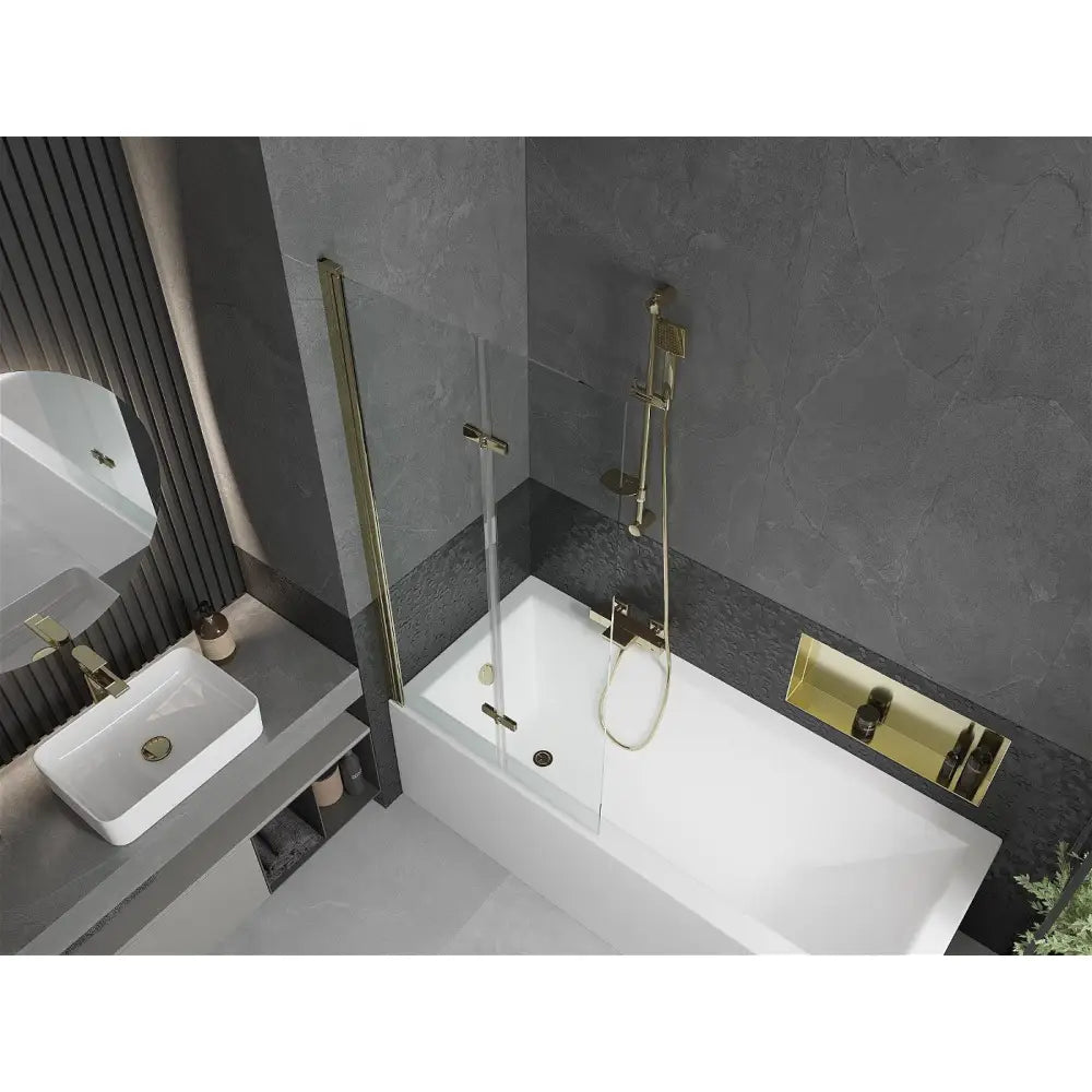 Mexen Cubik Rektangulært Badekar 160x70 Cm med Kabinett og 2-delt Dusjvegg 80 Cm Gjennomsiktig Gull - 550316070x