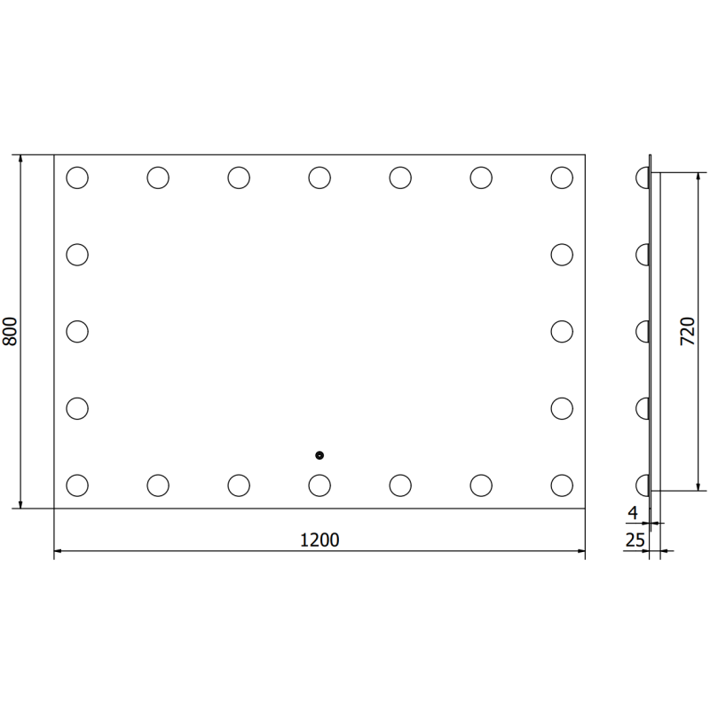 Speil med lys teknisk tegning av rektangulært LED-speil Mexen Dona 120 x 80 cm med mål og hullplassering.