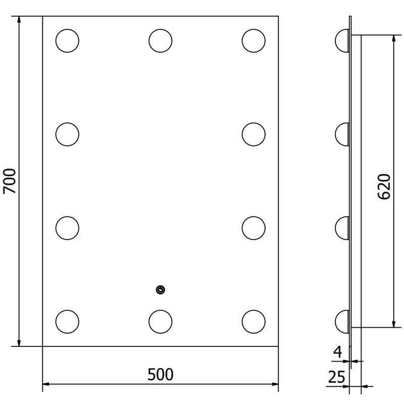 Speil med lys teknisk tegning av rektangulært LED-speil 50 x 70 cm med mål og hullposisjoner.